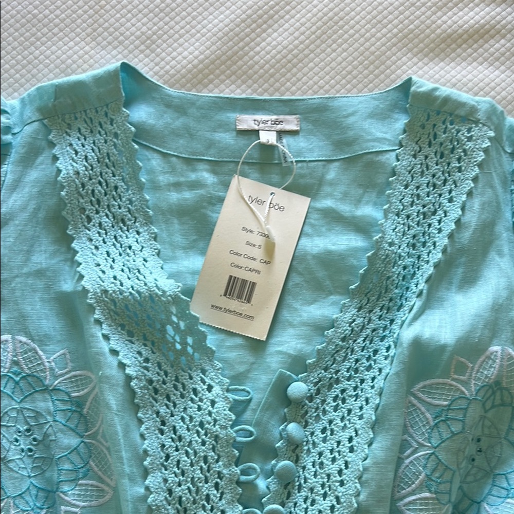 Tyler Boe Celia Linen Maxi Dress with lace & embroidery S Capri Blue - Picture 5 of 6